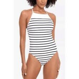 NWT! Ralph Lauren White Black Striped High Neck Slimming One Piece Swimsuit NEW!
